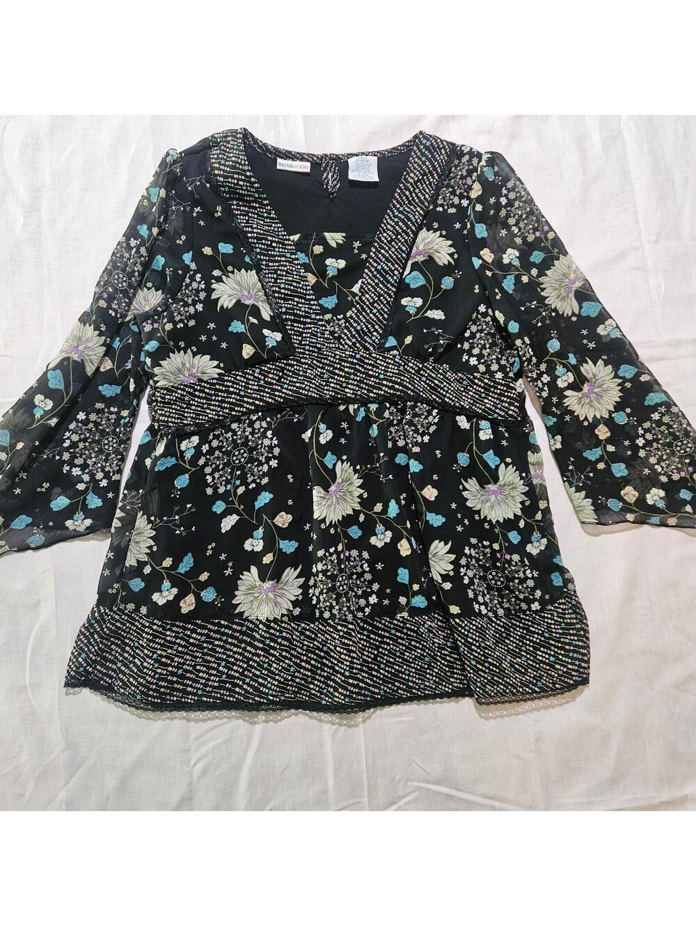 Mary-Kate and Ashley Girls Black Floral Long Sleeve Top 14/16 Y2K